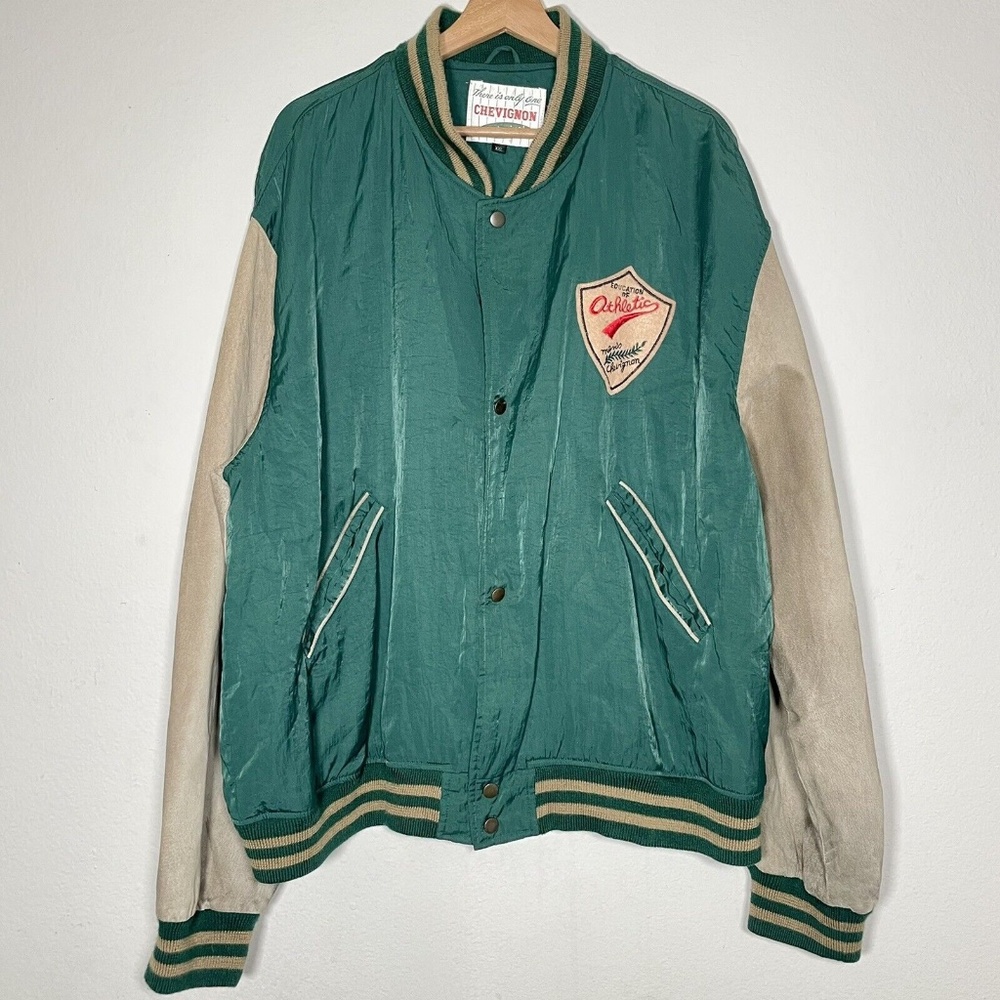 Vintage Chevignon Sportsmen Green Beige Suede Leather Varsity Jacket Size XXL